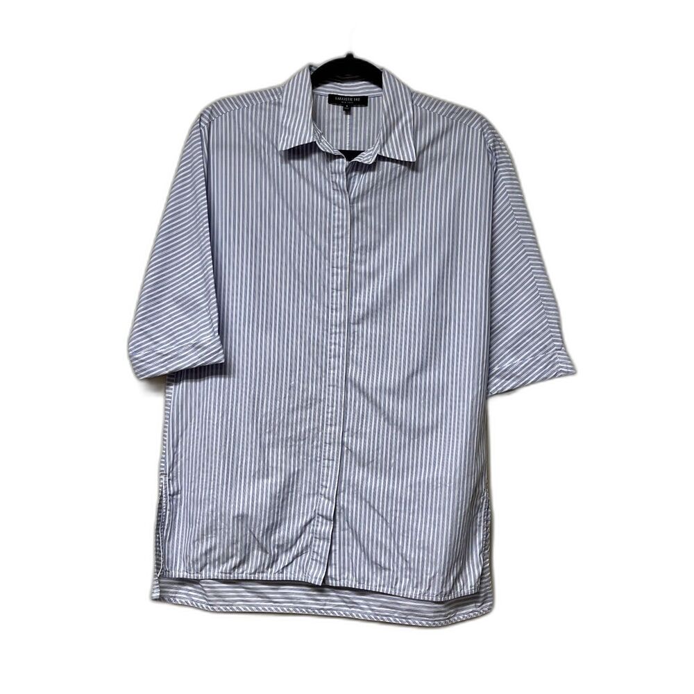 LAFAYETTE 148 Blue/White/Silver Striped 3/4 Sleeve Button Down, Sz S